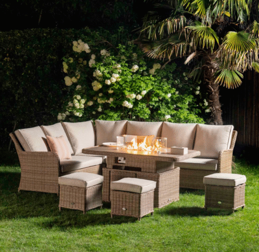 A Hampshire Large Corner Round Wicker Rattan Casual Dining Set with Rising Firepit Table, Natural - Image 5