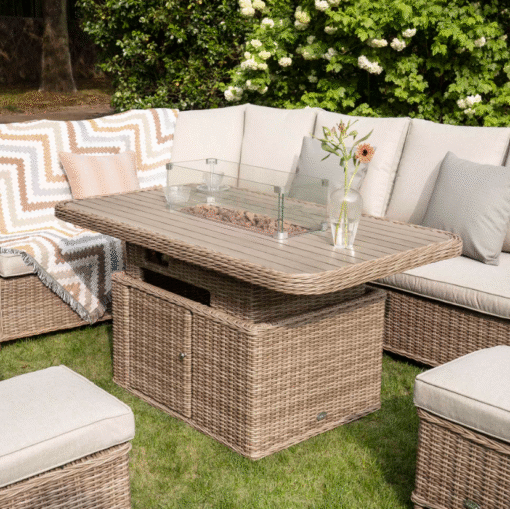 A Hampshire Large Corner Round Wicker Rattan Casual Dining Set with Rising Firepit Table, Natural - Image 3