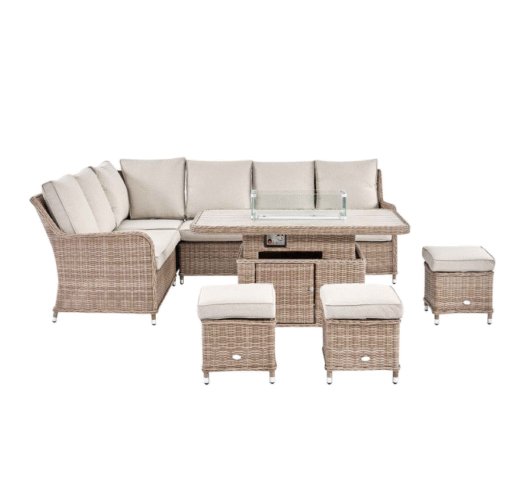 A Hampshire Large Corner Round Wicker Rattan Casual Dining Set with Rising Firepit Table, Natural - Image 7