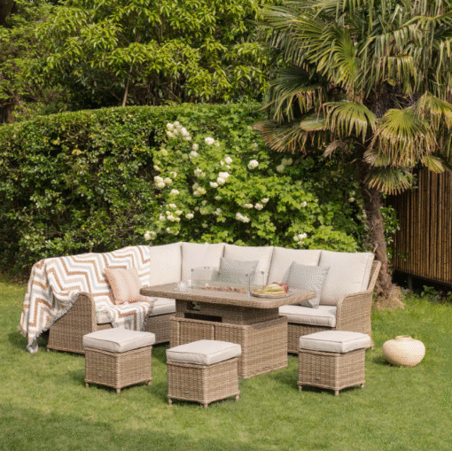 A Bellagio Round Wicker Large Corner Casual Dining Set with Rising Firepit Table, Natural - Image 3