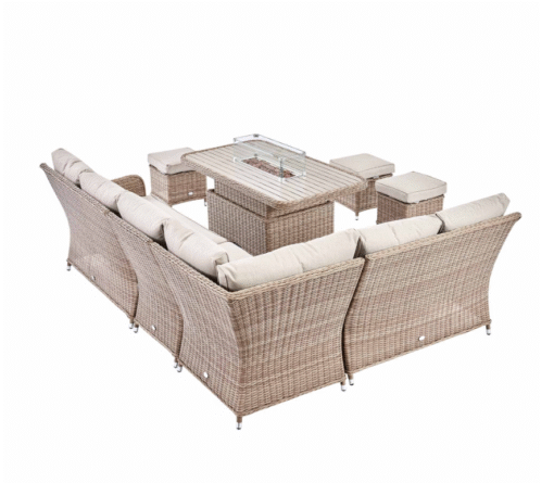 A Hampshire Large Corner Round Wicker Rattan Casual Dining Set with Rising Firepit Table, Natural - Image 4
