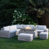 A Bellagio Round Wicker Large Corner Casual Dining Set with Rising Firepit Table, Light Grey