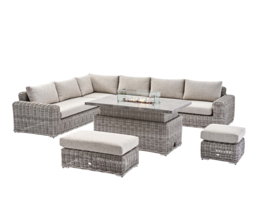 A Bellagio Round Wicker Large Corner Casual Dining Set with Rising Firepit Table, Light Grey - Image 5