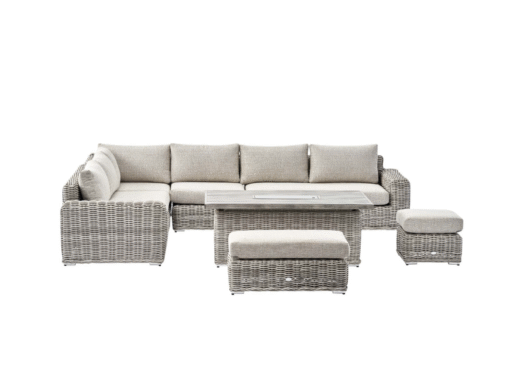 A Bellagio Round Wicker Large Corner Casual Dining Set with Rising Firepit Table, Light Grey - Image 3