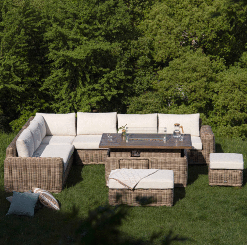 A Bellagio Round Wicker Large Corner Casual Dining Set with Rising Firepit Table, Natural - Image 4