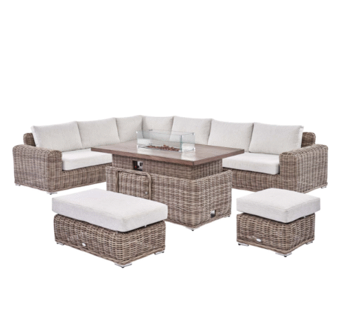A Bellagio Round Wicker Large Corner Casual Dining Set with Rising Firepit Table, Natural - Image 5