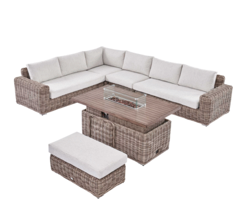 A Bellagio Round Wicker Large Corner Casual Dining Set with Rising Firepit Table, Natural - Image 7