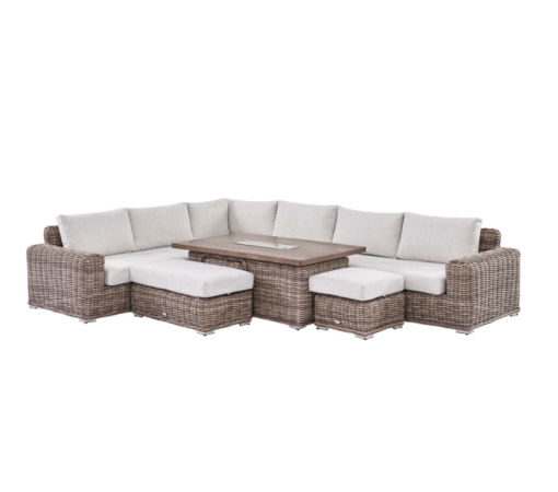A Bellagio Round Wicker Large Corner Casual Dining Set with Rising Firepit Table, Natural - Image 8