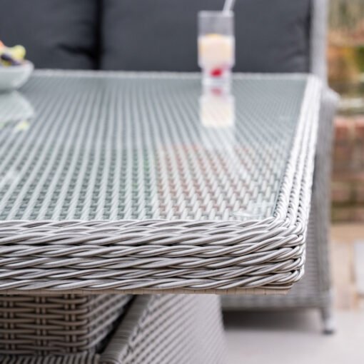 L-Shaped Grande Corner Rattan Lounge Dining Set with Reclining Armchair and Bench - Right Handed Rising Table in White Wash - Image 3