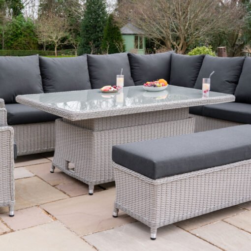 L-Shaped Grande Corner Rattan Lounge Dining Set with Reclining Armchair and Bench - Right Handed Rising Table in White Wash - Image 2