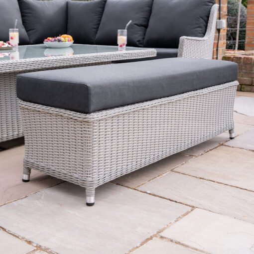 L-Shaped Grande Corner Rattan Lounge Dining Set with Reclining Armchair and Bench - Right Handed Rising Table in White Wash - Image 6